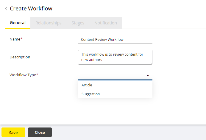 Select Article or Suggestion for the workflow type