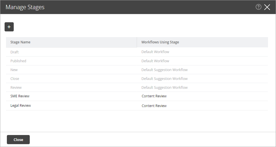 Manage Stages window Manage Stages window