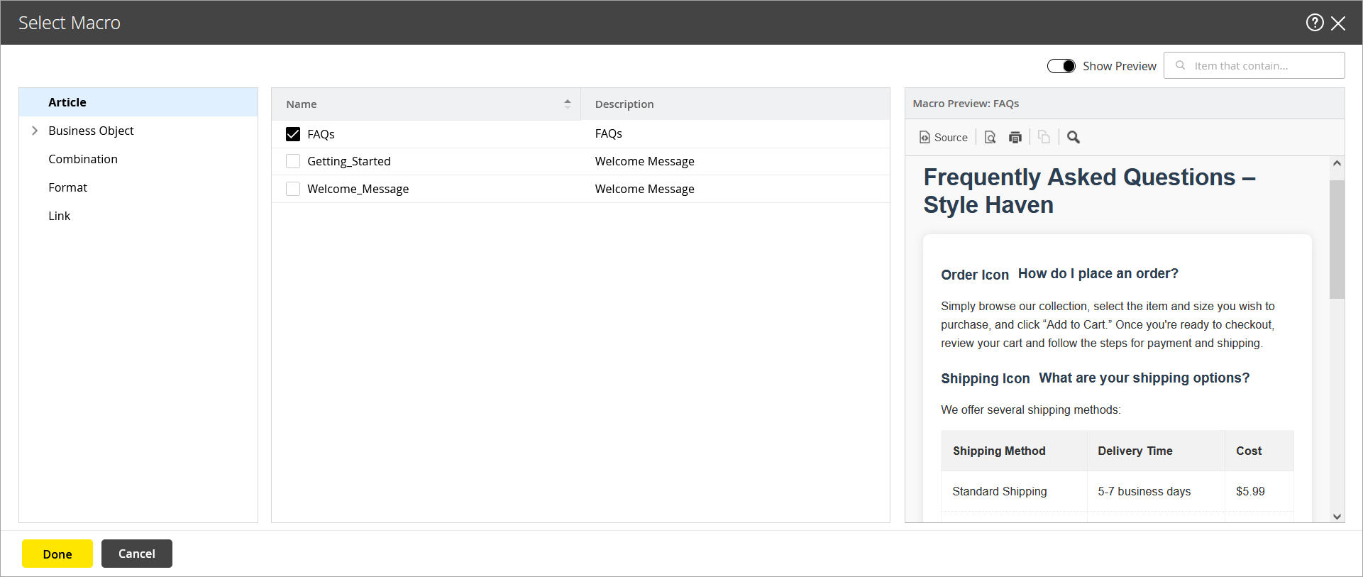 Add macro to an article Add macro to an article